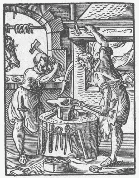 Abbildung aus dem Ständebuch von Jost Amman und Hans Sachs von 1568, die zwei Schmiede bei der Arbeit darstellt.