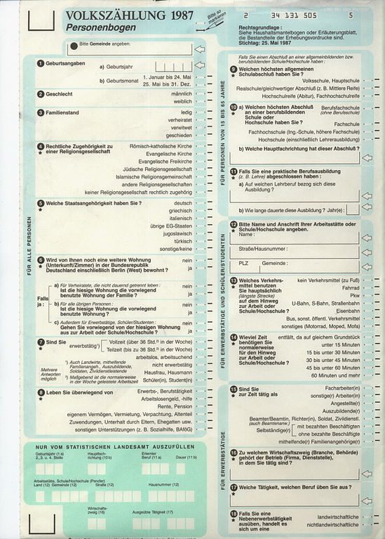 Foto der ersten Seite eines Fragebogens der Volkszählung 1987