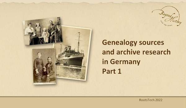 Titel von Andrea Bentschneiders Präsentation auf der RootsTech zu "Ahnenforschungs-Quellen und Archivrecherchen in Deutschland".