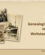 Titelseite der Präsentation von Andrea Bentschneider für die Genealogica 2022 zu "Genealogischen Quellen in der Weltstadt Hamburg"