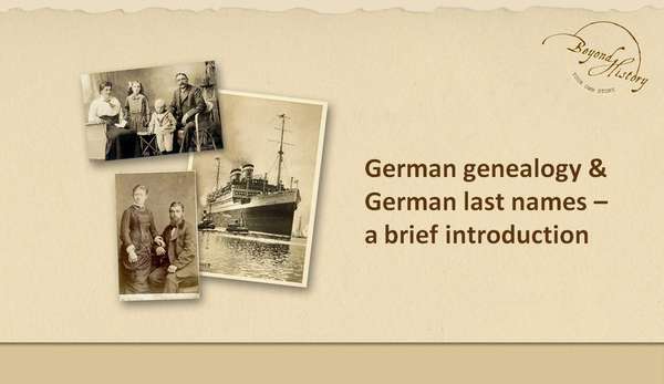 Titel von Andrea Bentschneiders Präsentation bei THE Genalogy Show zu "Deutsche Ahnenforschung und deutsche Familiennamen - eine kurze Einführung".