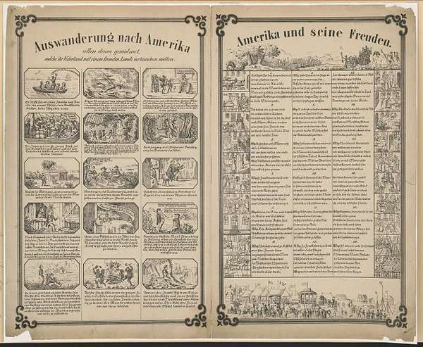 Ein historisches Werbeplakat mit zwei Titeln: “Auswanderung nach Amerika – all denen gewidmet, welche ihre Heimat mit einem fremden Lande vertauschen wollen“ und „Amerika und seine Freuden“.