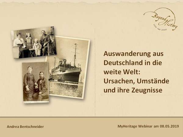 Titel-Folie zum MyHeritage Webinar zum Thema Auswanderung aus Deutschland aus dem Jahr 2019